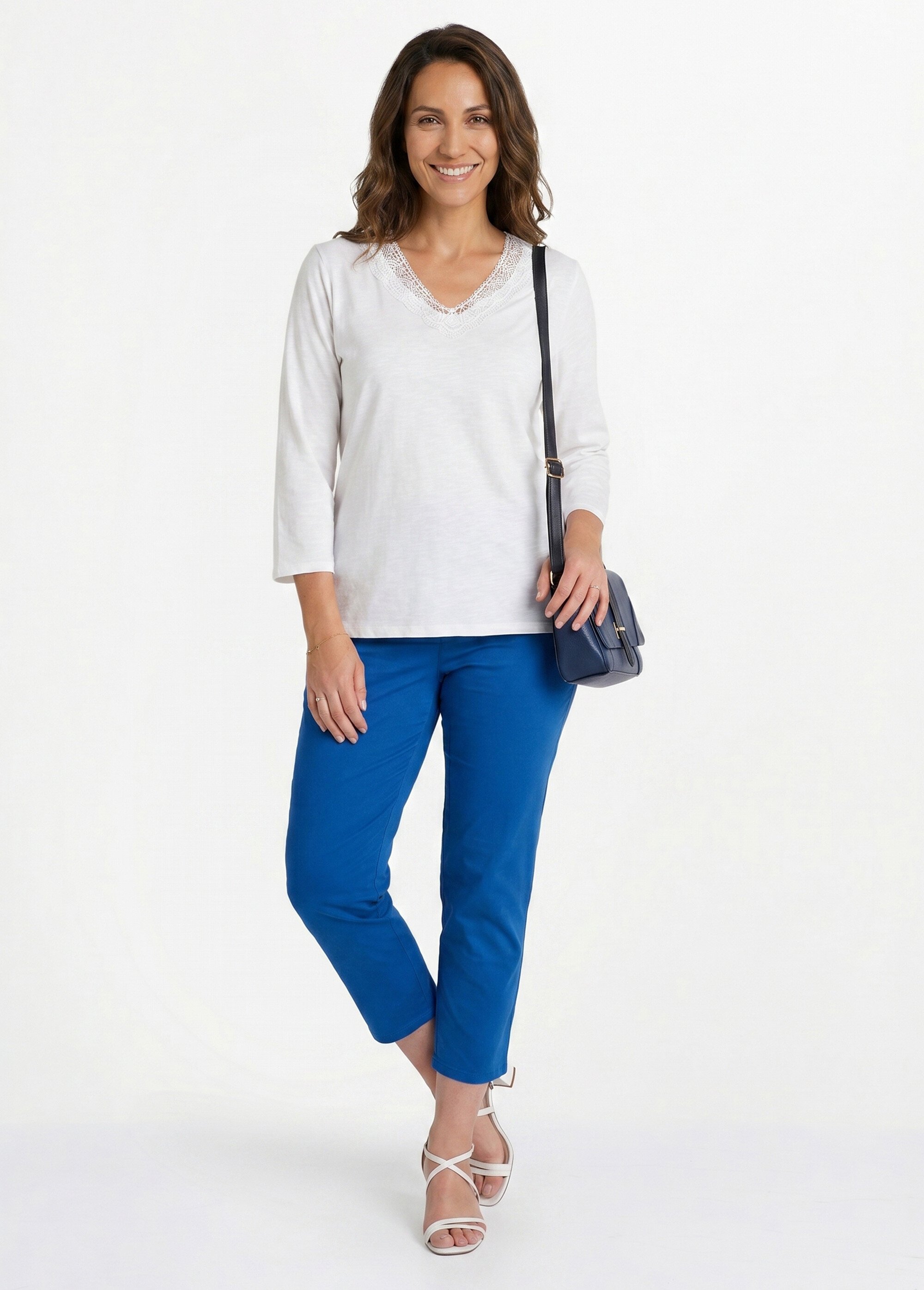 T-shirt manches 3/4 coton et macramé Femme Blanc CALZAN SI1