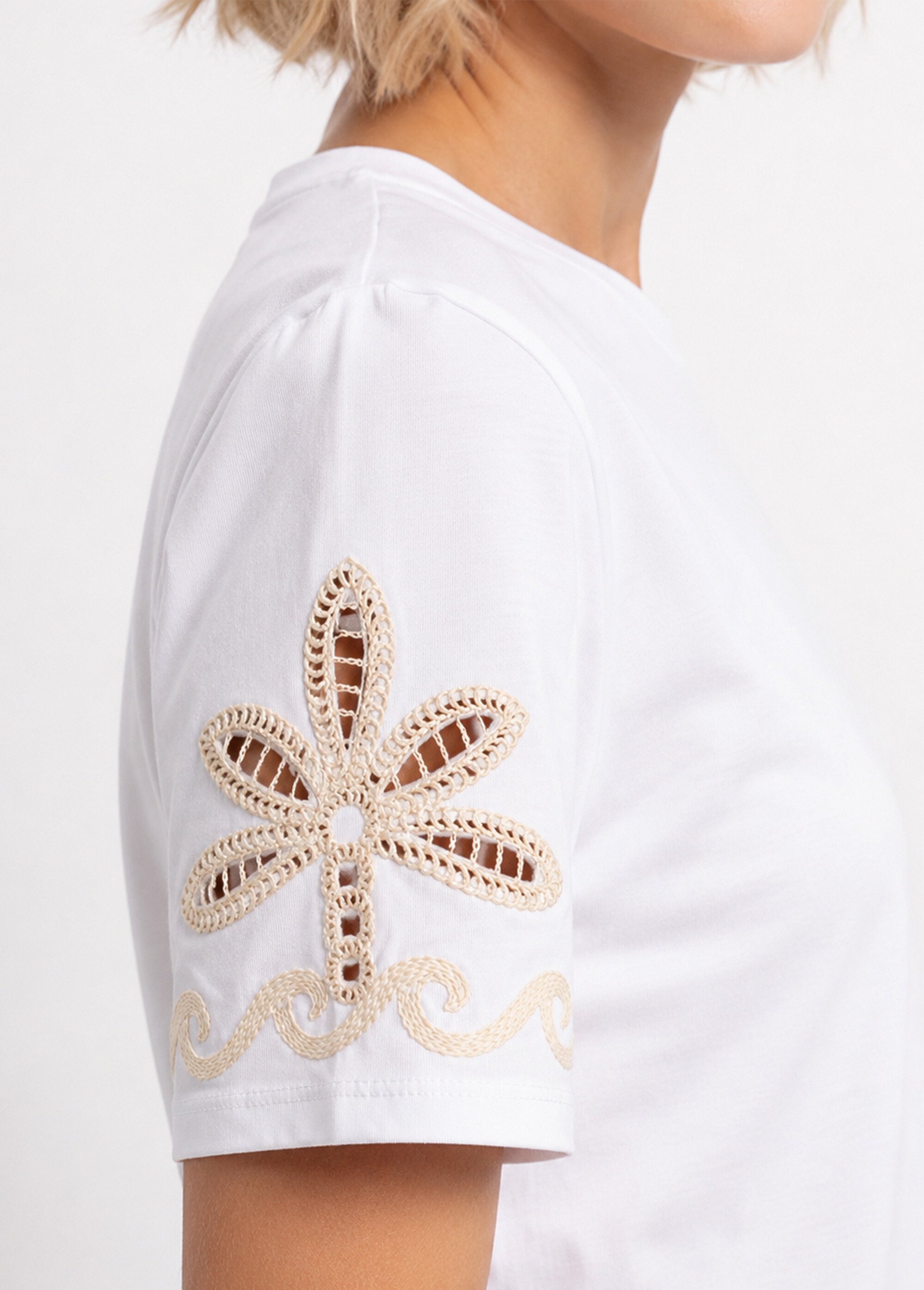 T-shirt manches broderies ajourées Femme Blanc ATT-762 DE1