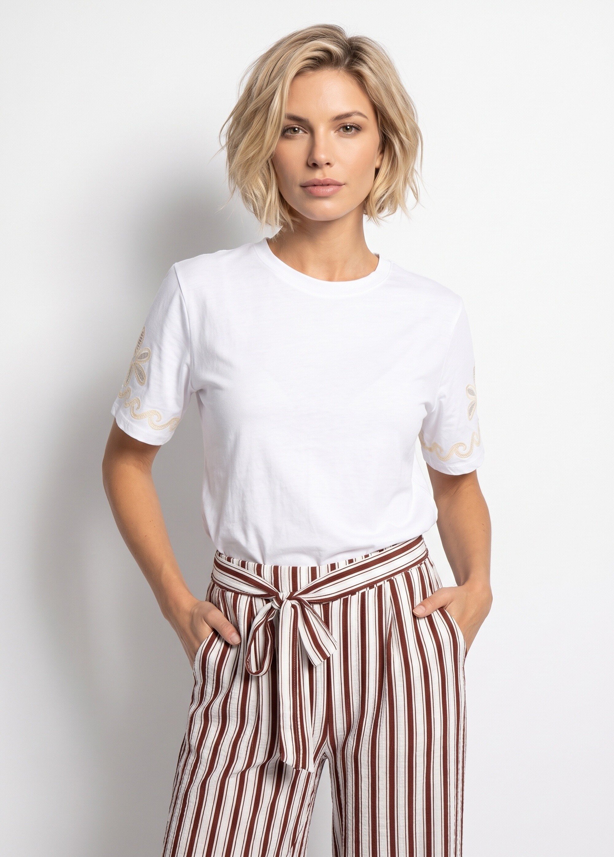 T-shirt manches broderies ajourées Femme Blanc ATT-762 FA1