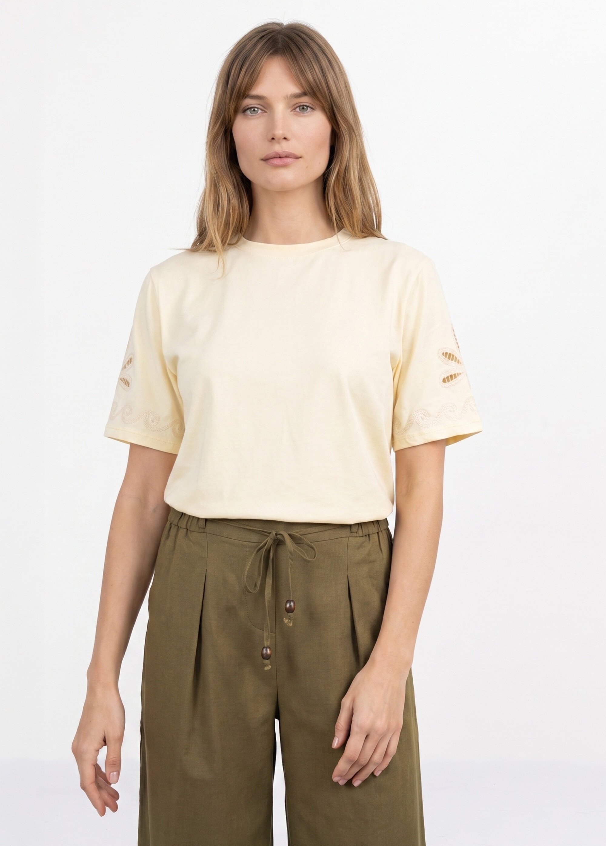 T-shirt manches broderies ajourées Femme Jaune ATT-762 FA1