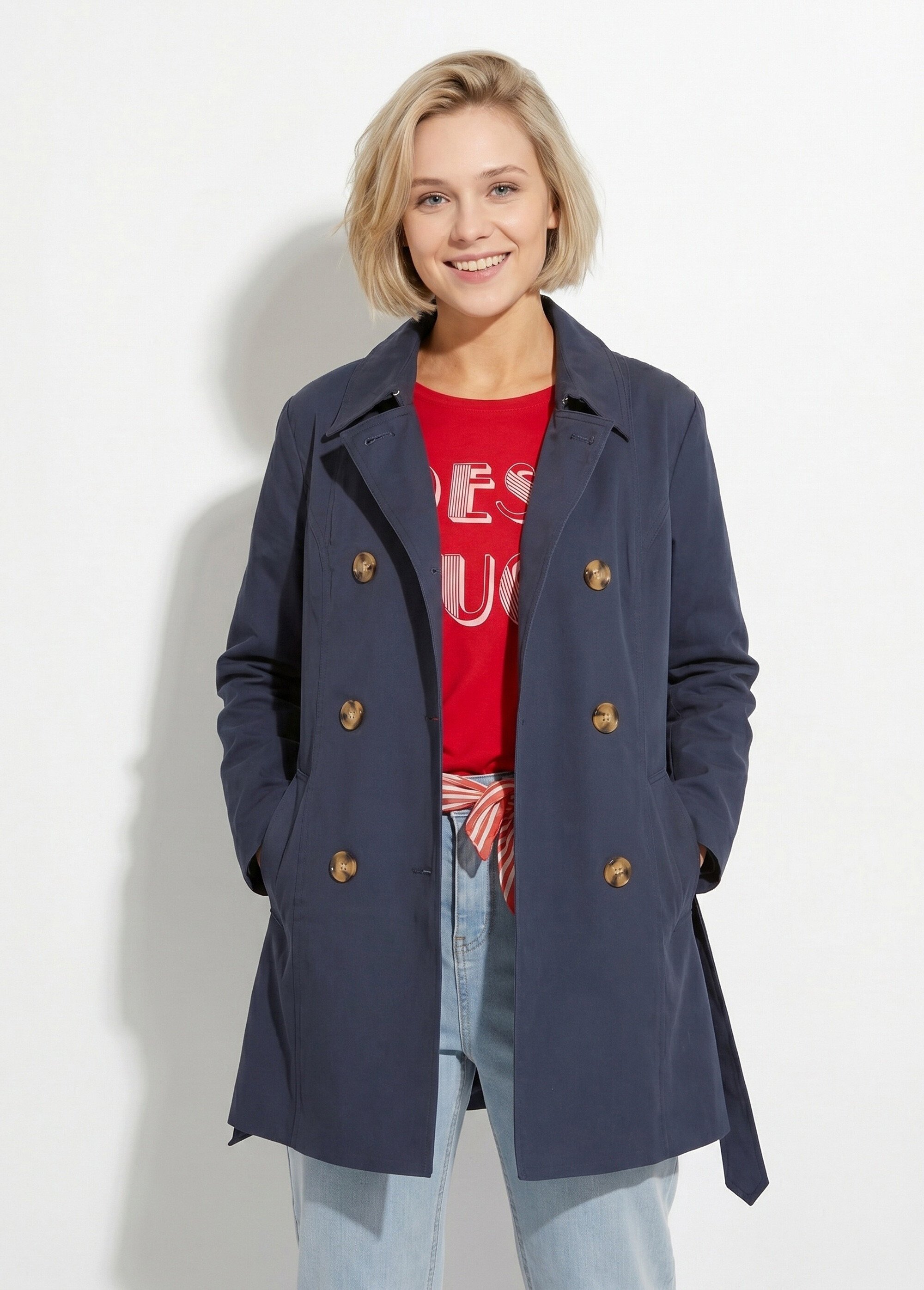 Trench court double boutonnage uni col pointu Femme Bleu TOSCA FA1