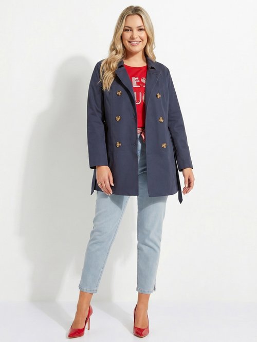 Trench court double boutonnage uni col pointu Femme Grande Taille Bleu TOSCA SI1