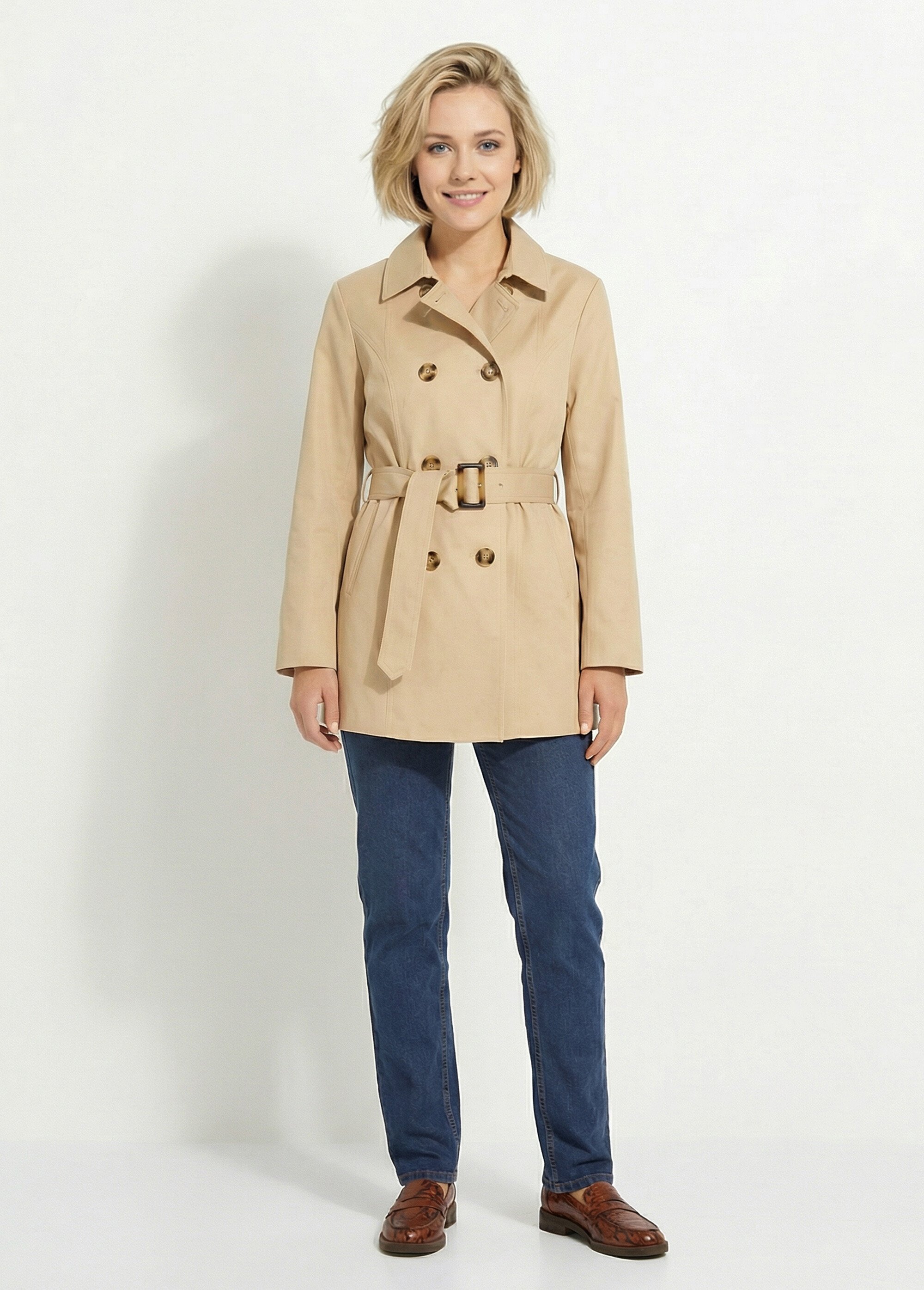 Trench court double boutonnage uni col pointu Femme Beige TOSCA SI1