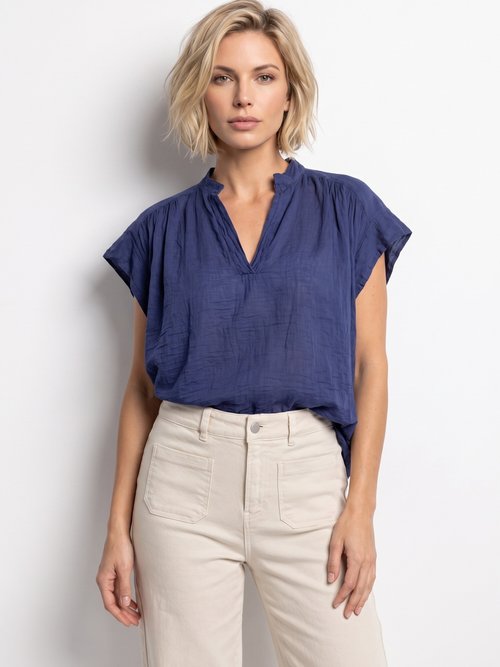 Tunique en coton léger encolure en V Femme Bleu AND-83348 FA1