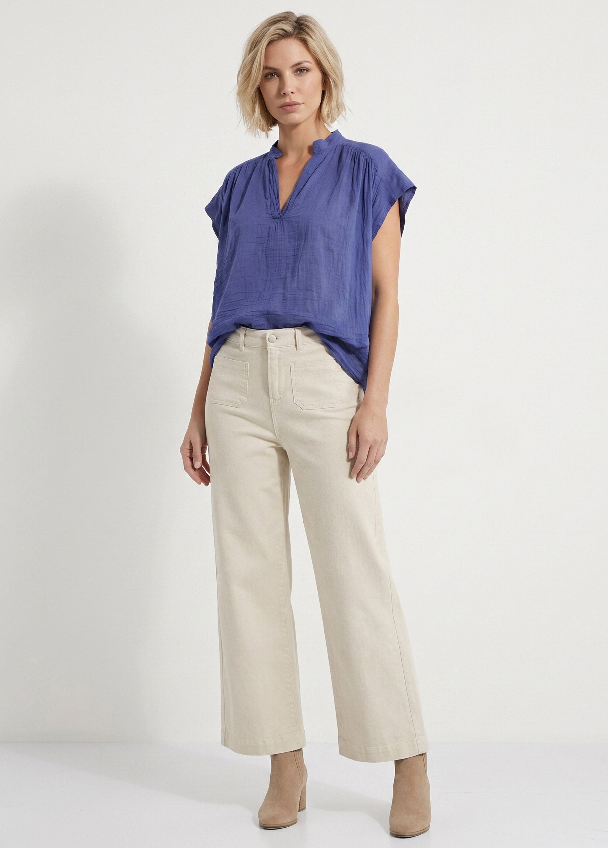 Tunique en coton léger encolure en V Femme Bleu AND-83348 SI1