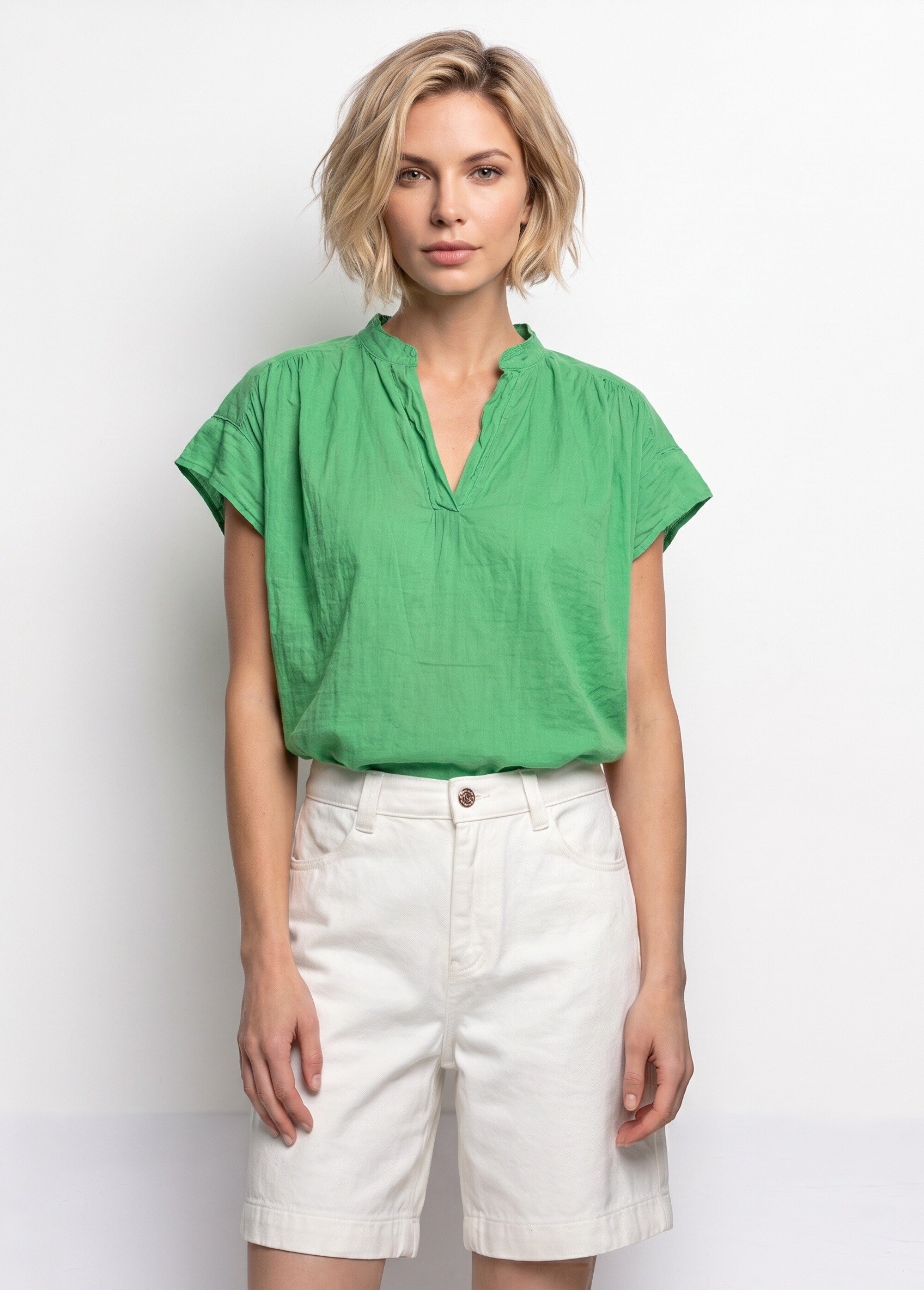 Tunique en coton léger encolure en V Femme Vert AND-83348 FA1