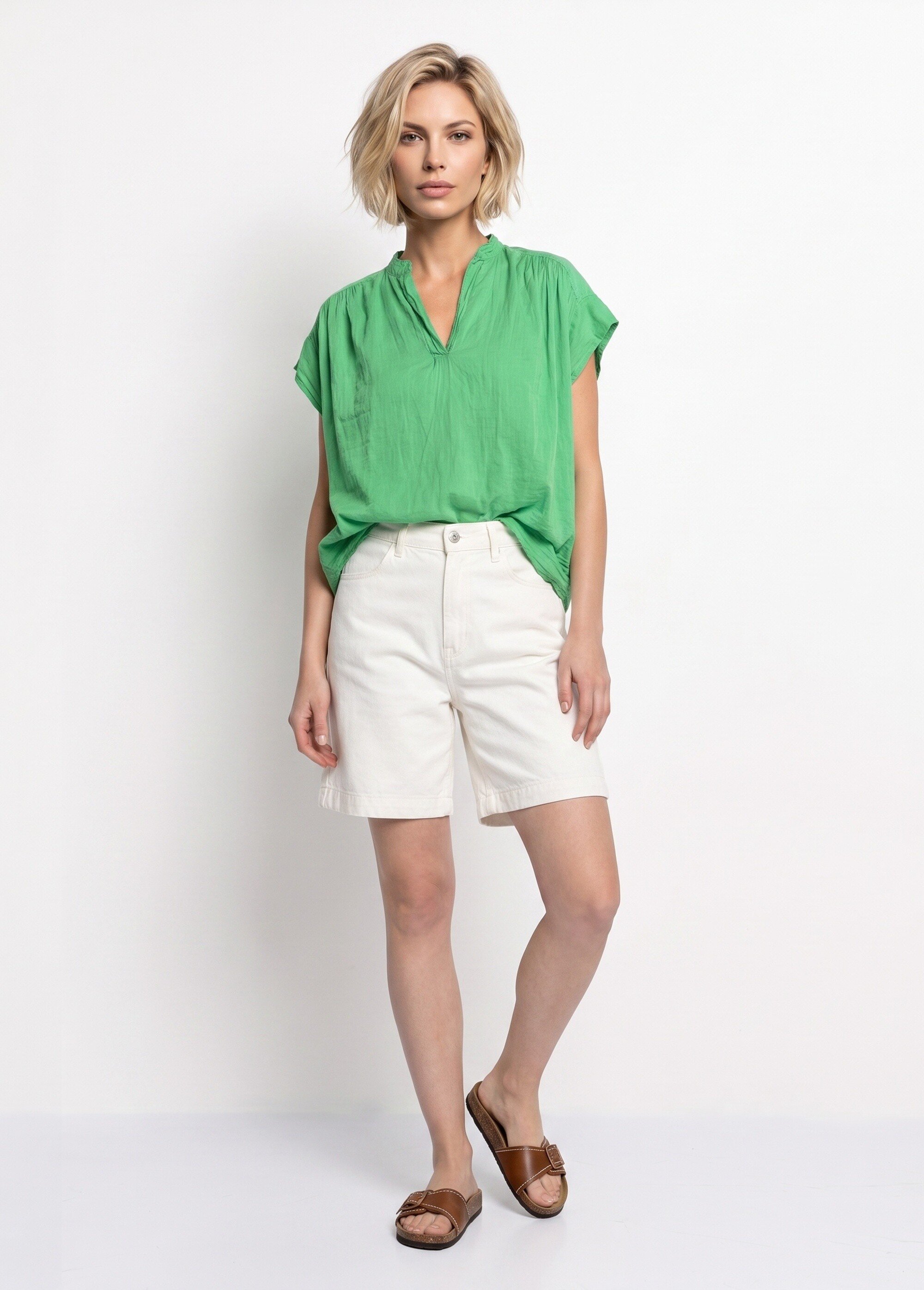 Tunique en coton léger encolure en V Femme Vert AND-83348 SI1