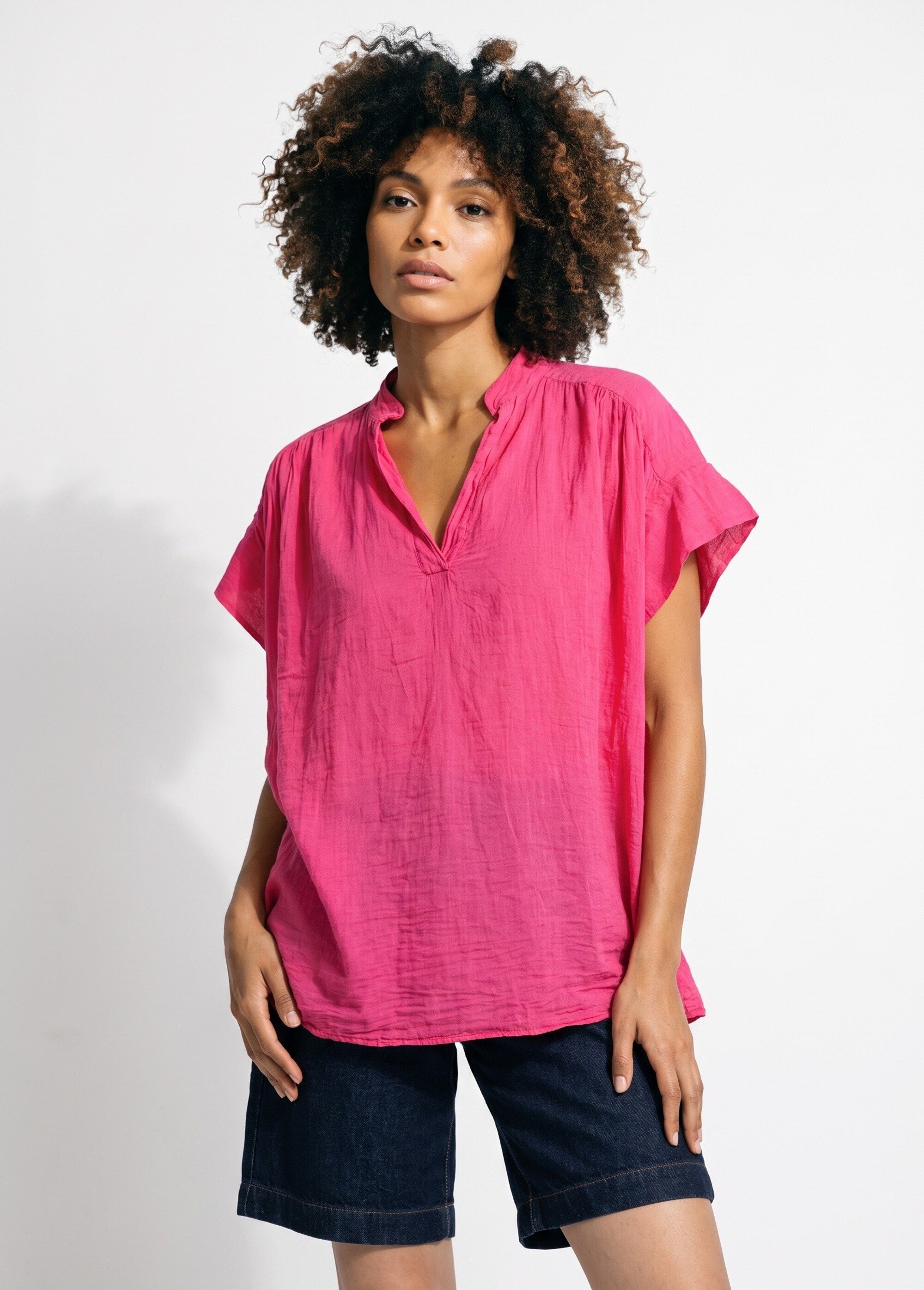 Tunique en coton léger encolure en V Femme Rose AND-83348 FA1