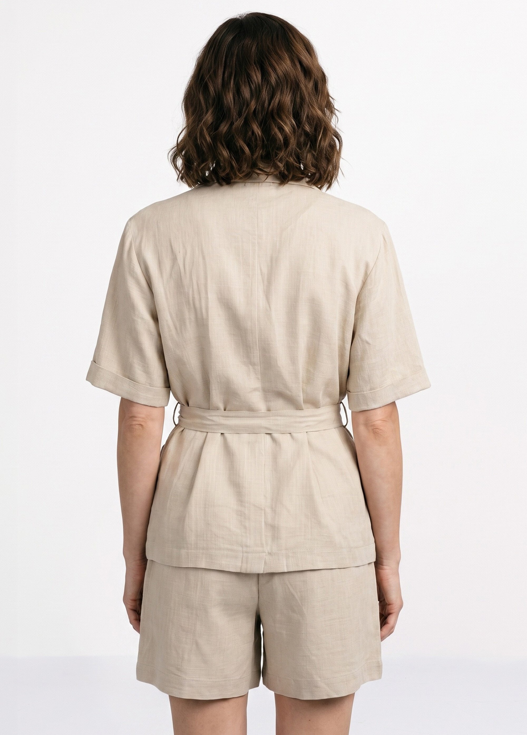 Veste ceinturée manches courtes avec lin Femme Beige ATT-AT1982 DO1