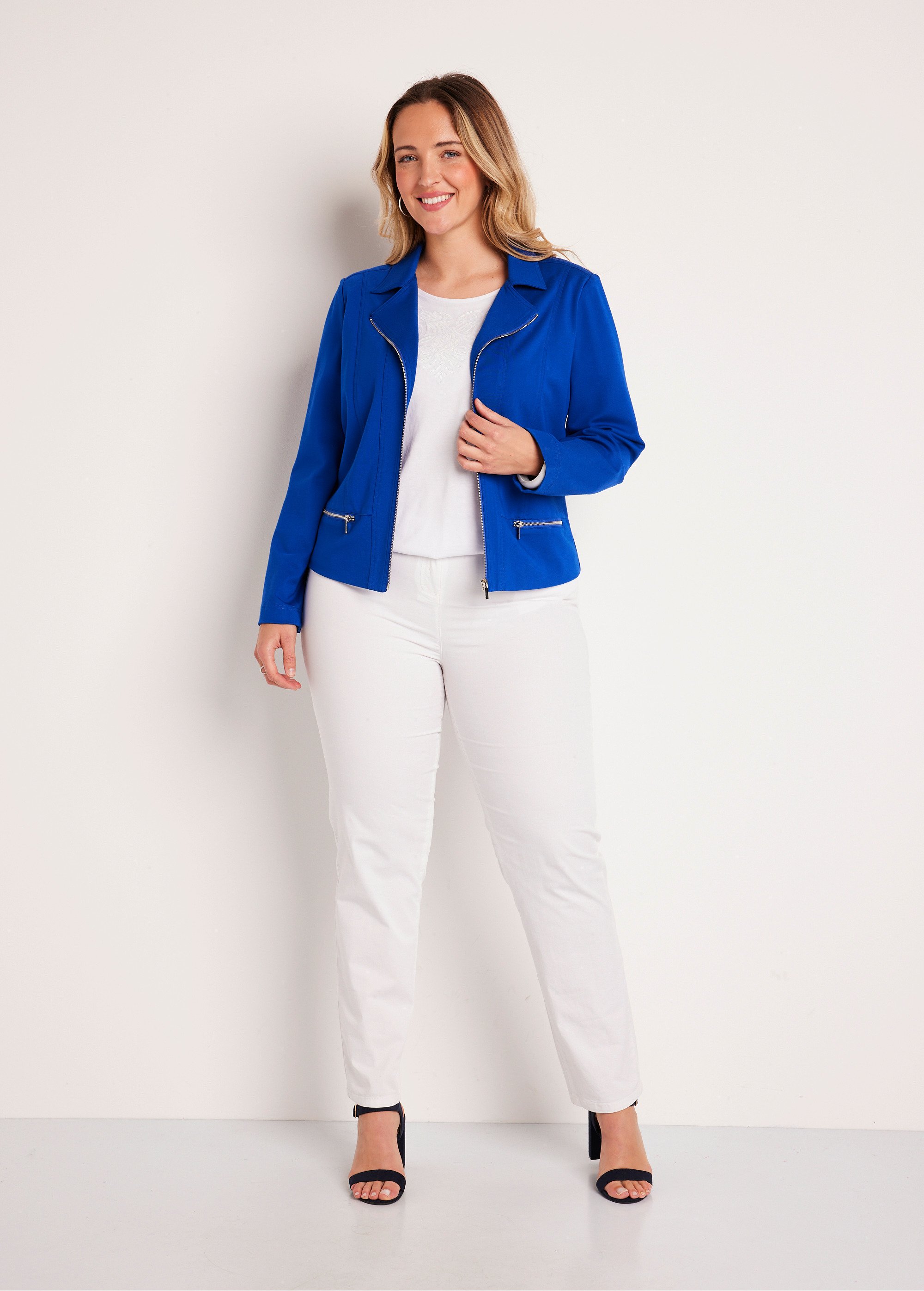 Veste courte zippée droite maille milano Femme Grande Taille Bleu TRIOLET SF1
