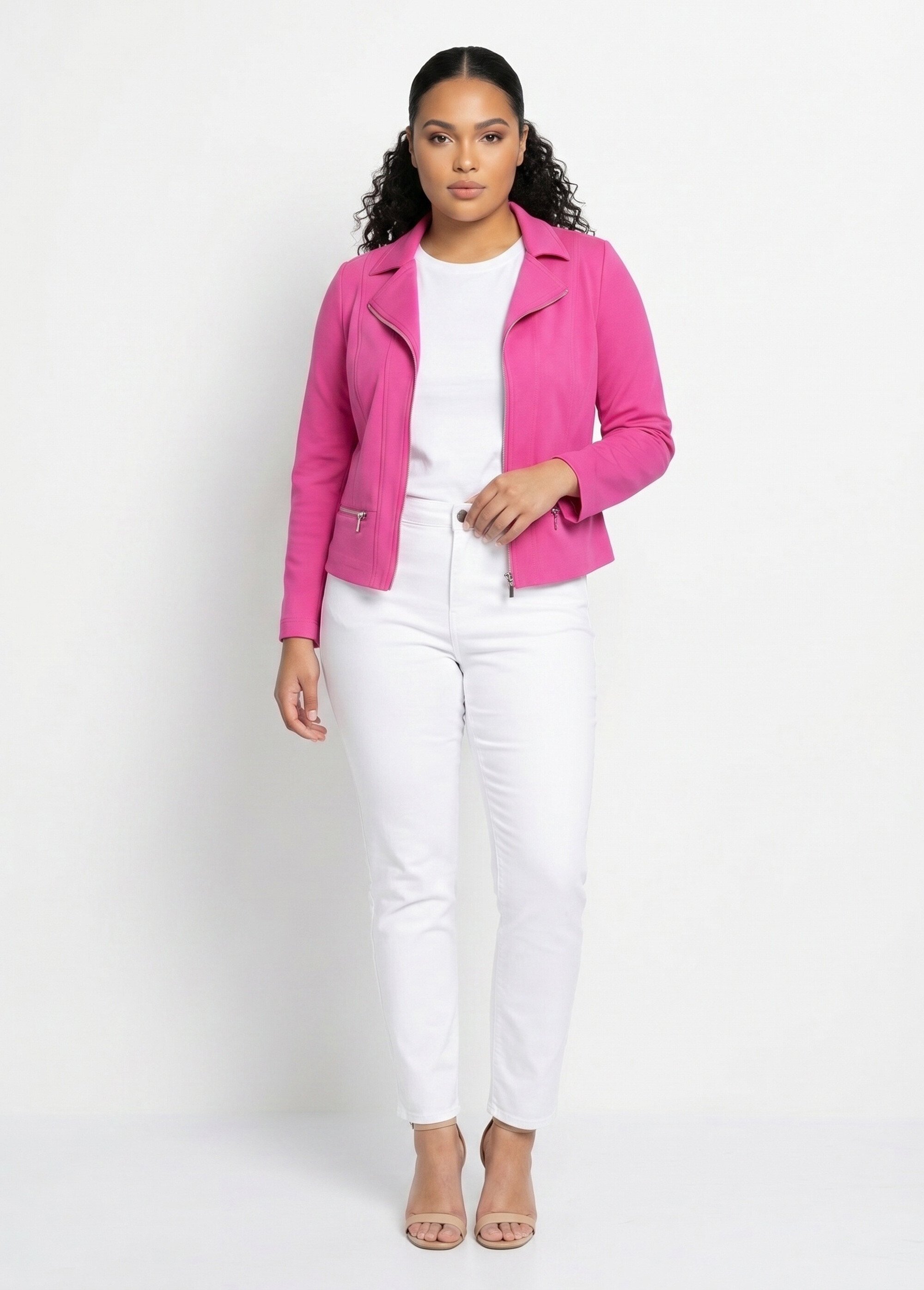 Veste courte zippée droite maille milano Femme Grande Taille Rose TRIOLET SI1