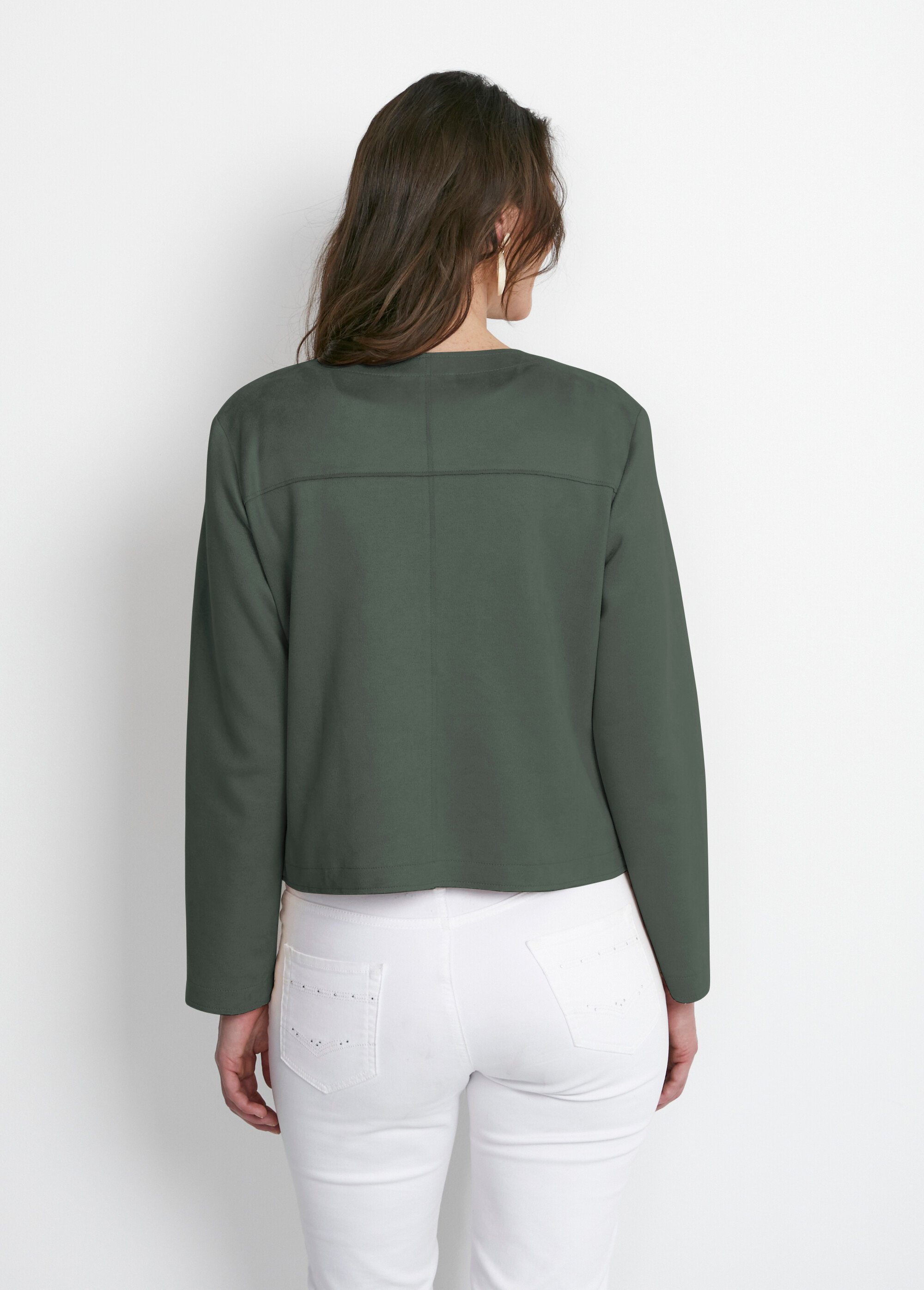 Veste sans col en tissu suédé