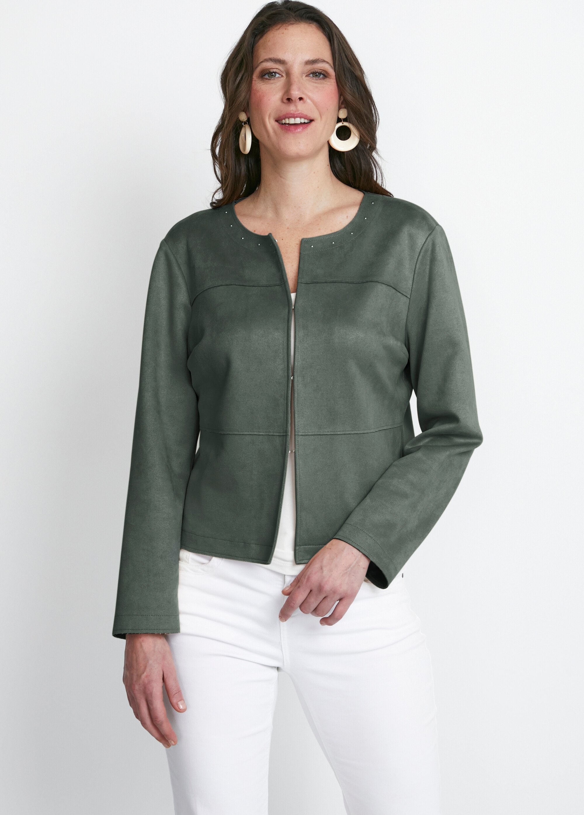 Veste sans col en tissu suédé