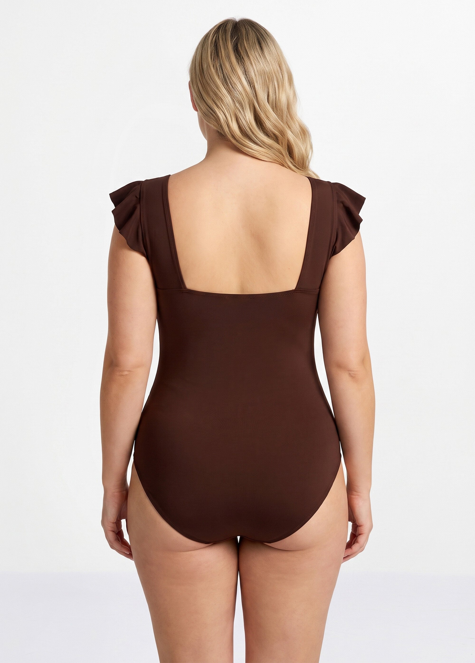 Maillot de bain bretelles volantées Femme Grande Taille Marron CM-HMD-009 DO1