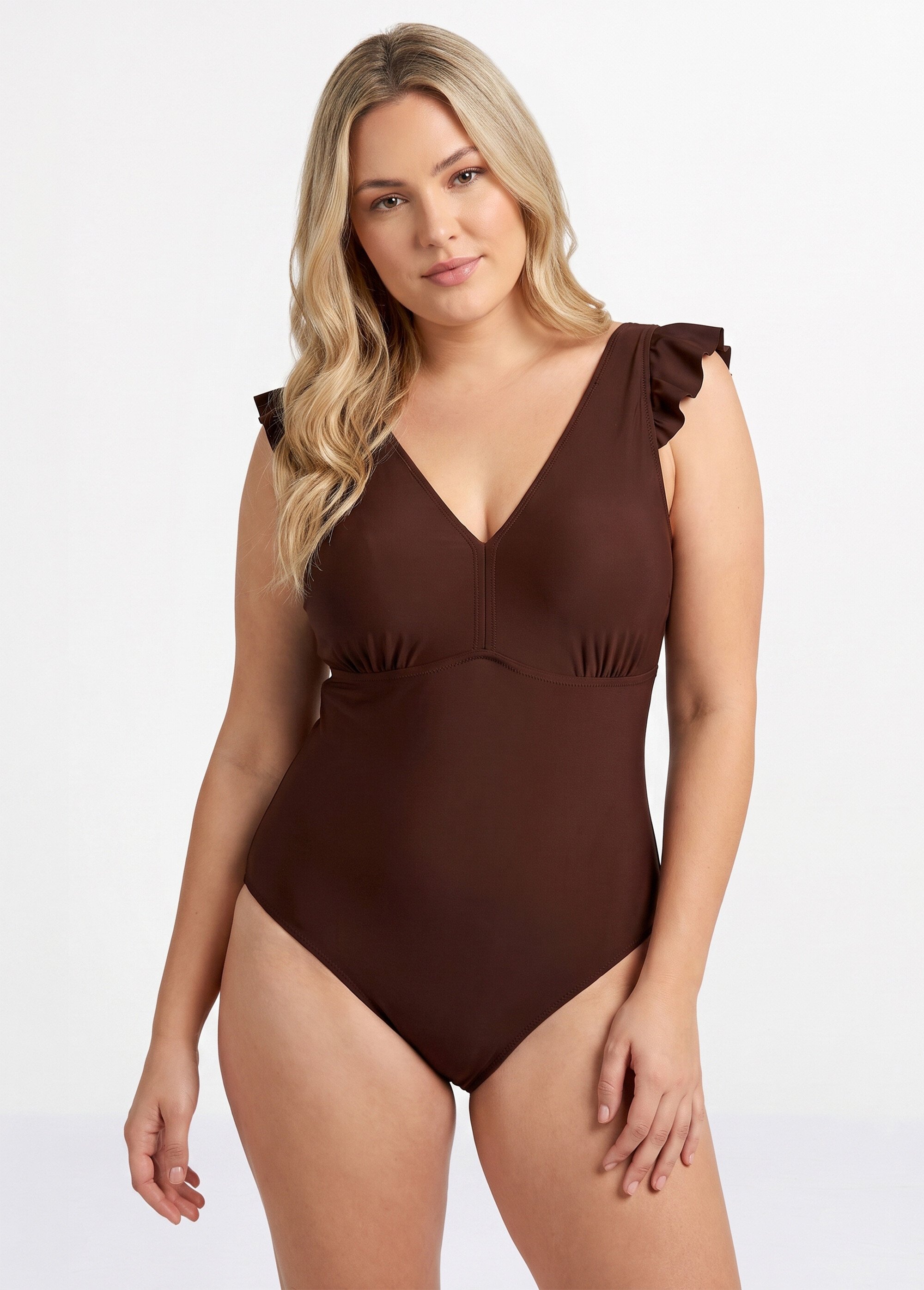 Maillot de bain bretelles volantées Femme Grande Taille Marron CM-HMD-009 FA1