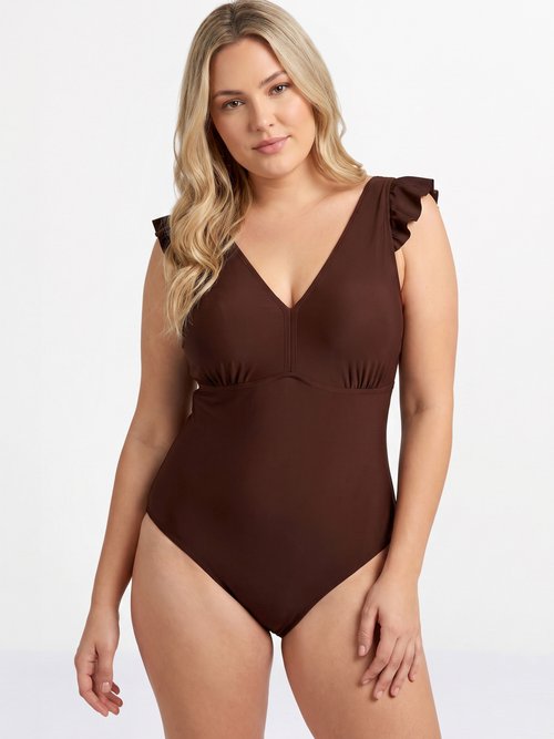 Maillot de bain bretelles volantées Femme Grande Taille Marron CM-HMD-009 FA1