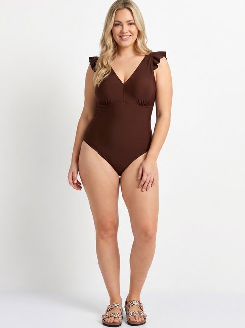 Maillot de bain bretelles volantées Femme Grande Taille Marron CM-HMD-009 SI1