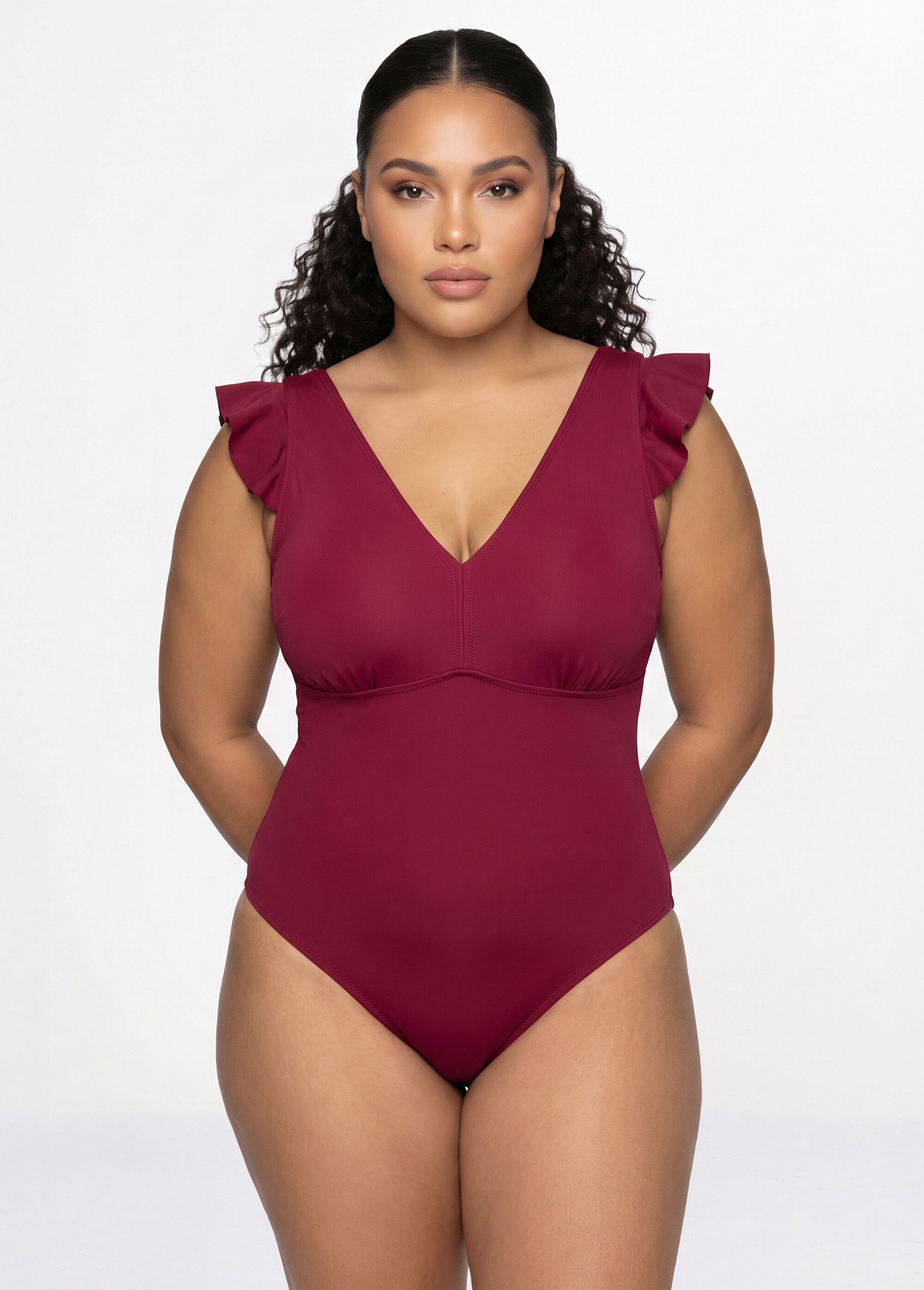 Maillot de bain bretelles volantées Femme Grande Taille Rouge CM-HMD-009 FA1