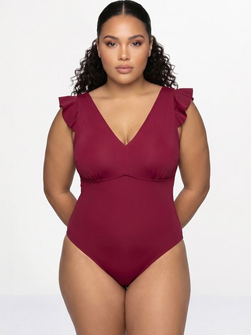 Maillot de bain bretelles volantées Femme Grande Taille Rouge CM-HMD-009 FA1
