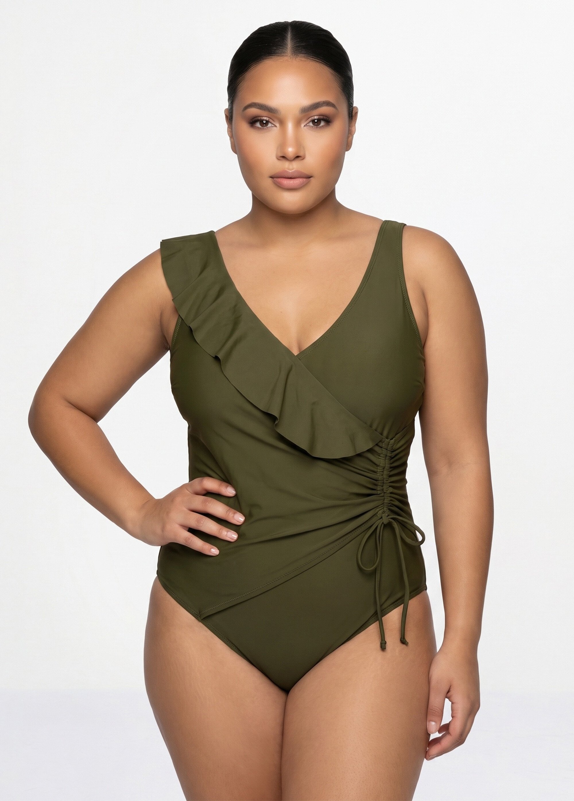 Maillot de bain cache-coeur volanté Femme Grande Taille Vert CM-HMD-040 FA1