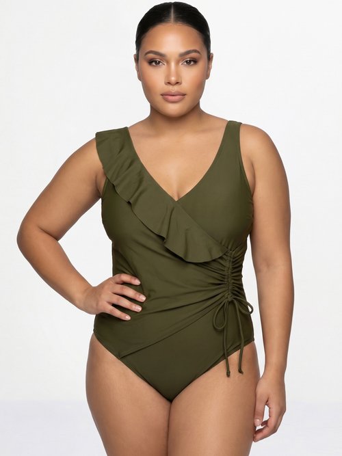 Maillot de bain cache-coeur volanté Femme Grande Taille Vert CM-HMD-040 FA1