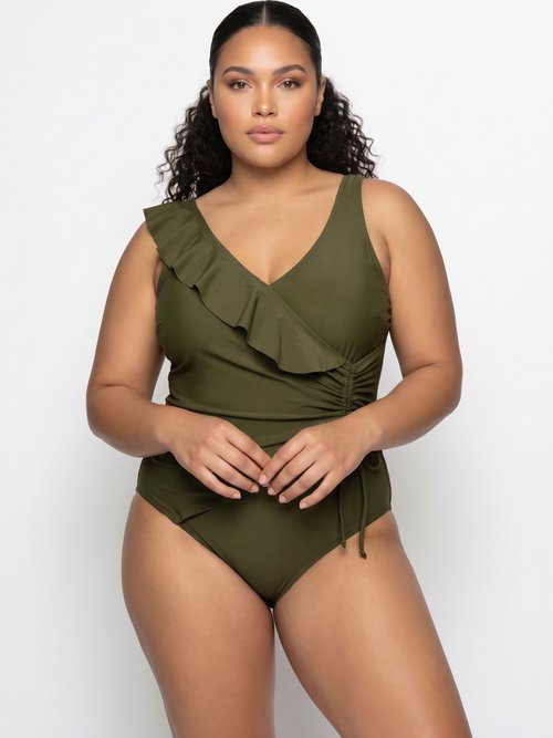 Maillot de bain cache-coeur volanté Femme Grande Taille Vert CM-HMD-040 MV1
