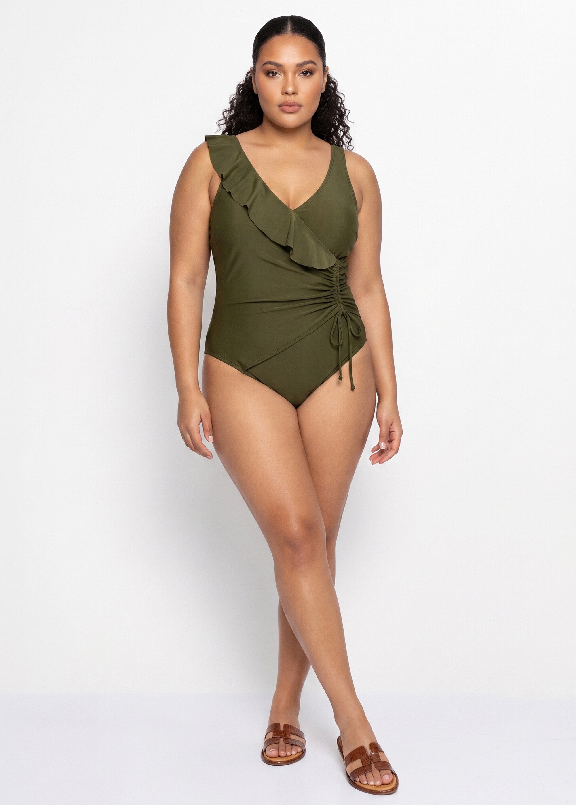 Maillot de bain cache-coeur volanté Femme Grande Taille Vert CM-HMD-040 SI1