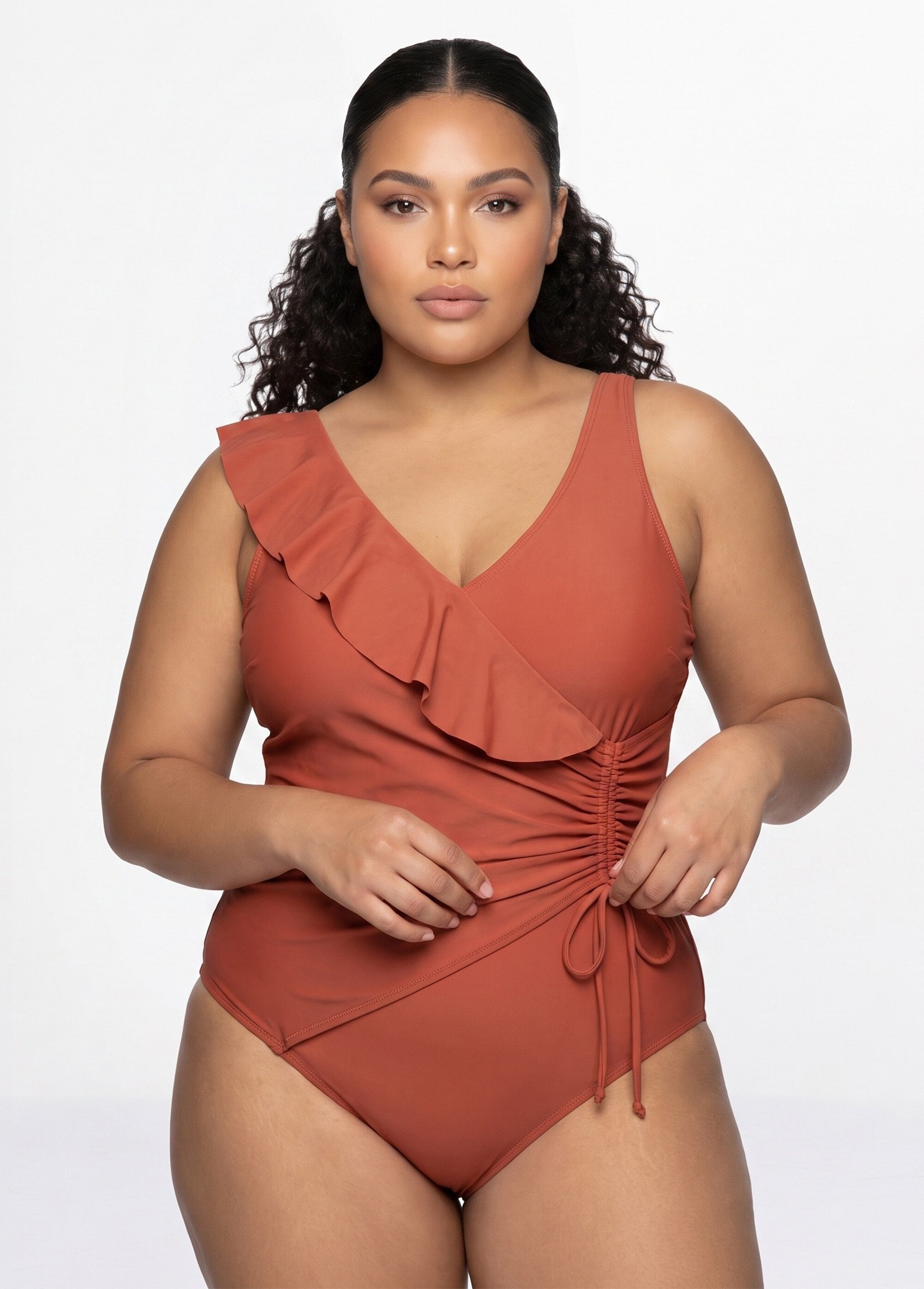 Maillot de bain cache-coeur volanté Femme Grande Taille Orange CM-HMD-040 FA1