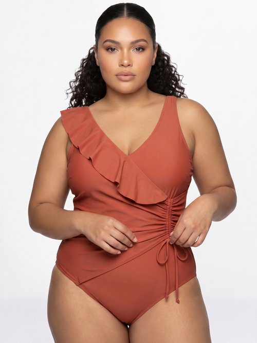 Maillot de bain cache-coeur volanté Femme Grande Taille Orange CM-HMD-040 FA1