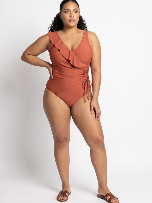 Maillot de bain cache-coeur volanté Femme Grande Taille Orange CM-HMD-040 MV1