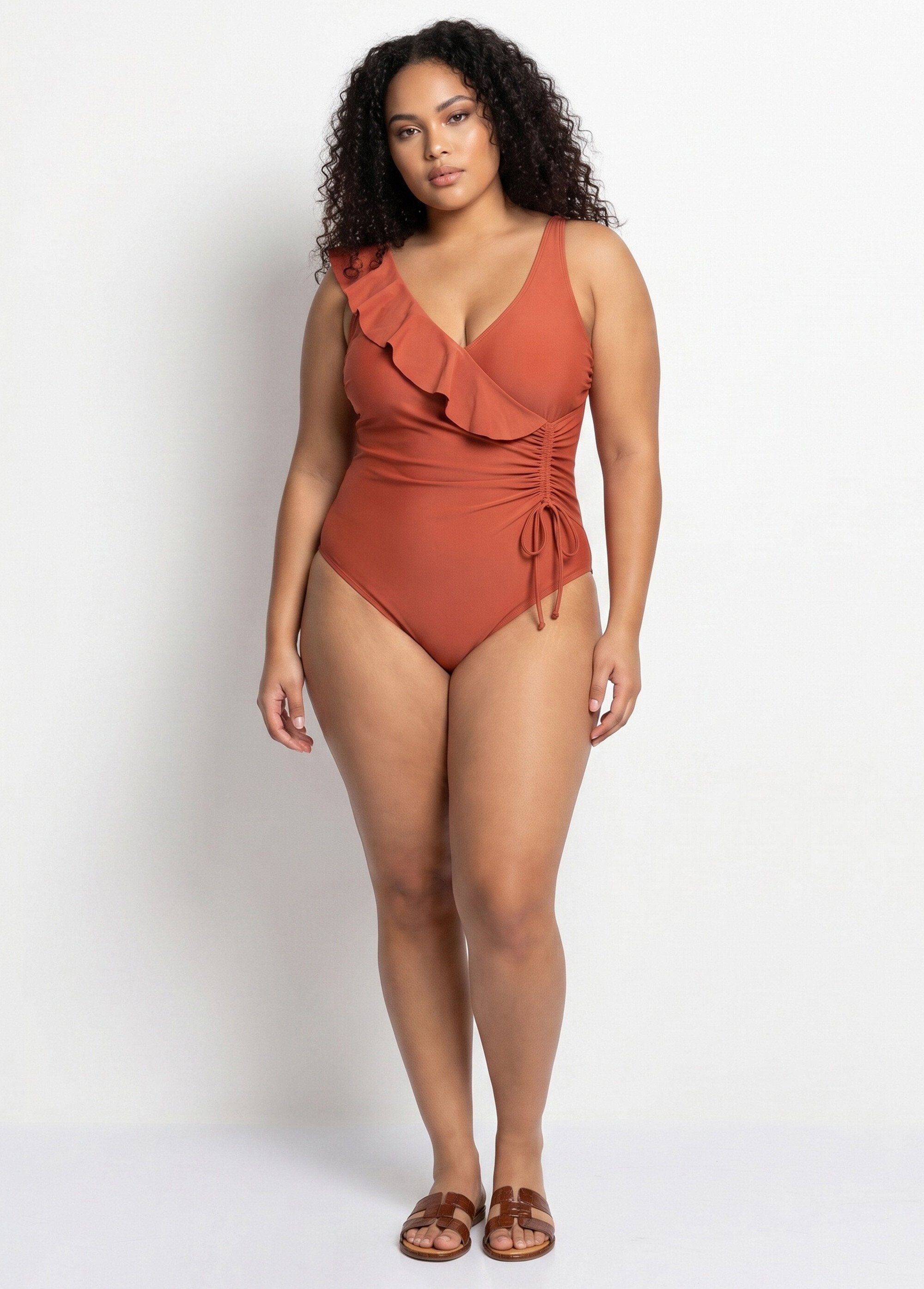 Maillot de bain cache-coeur volanté Femme Grande Taille Orange CM-HMD-040 SI1