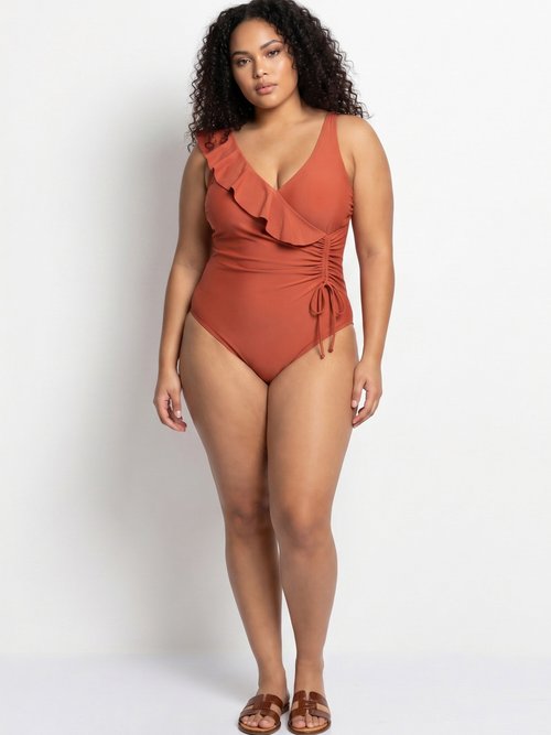Maillot de bain cache-coeur volanté Femme Grande Taille Orange CM-HMD-040 SI1