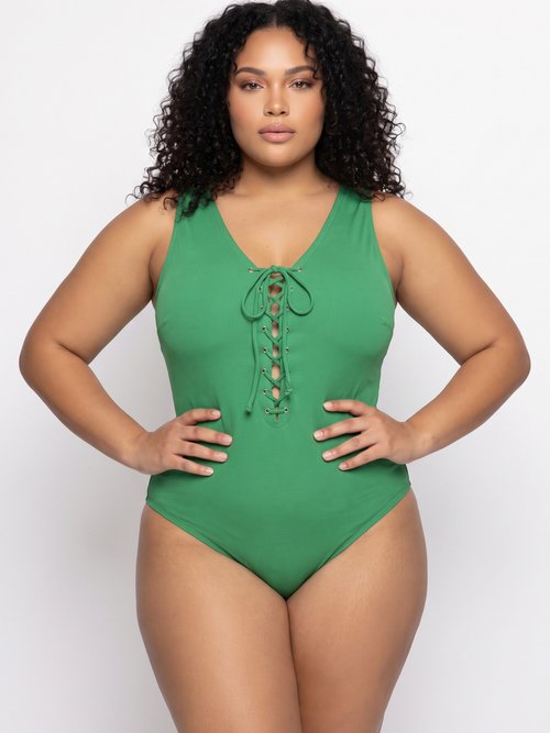 Maillot de bain décolleté lacets Femme Grande Taille Vert CM-HMD-002 MV1