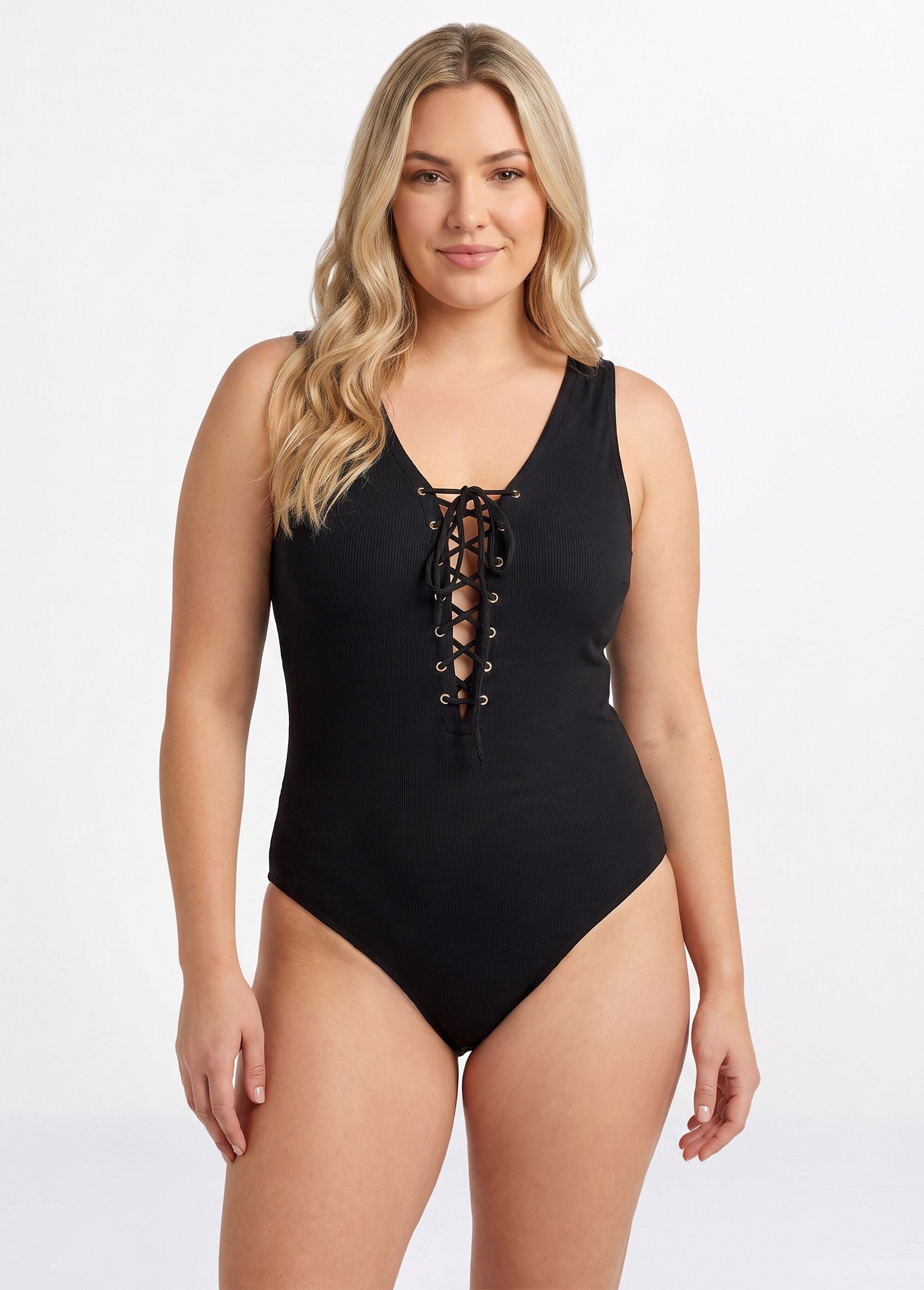 Maillot de bain décolleté lacets Femme Grande Taille Noir CM-HMD-002 FA1