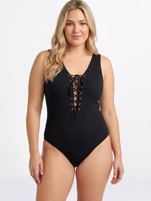 Maillot de bain décolleté lacets Femme Grande Taille Noir CM-HMD-002 FA1