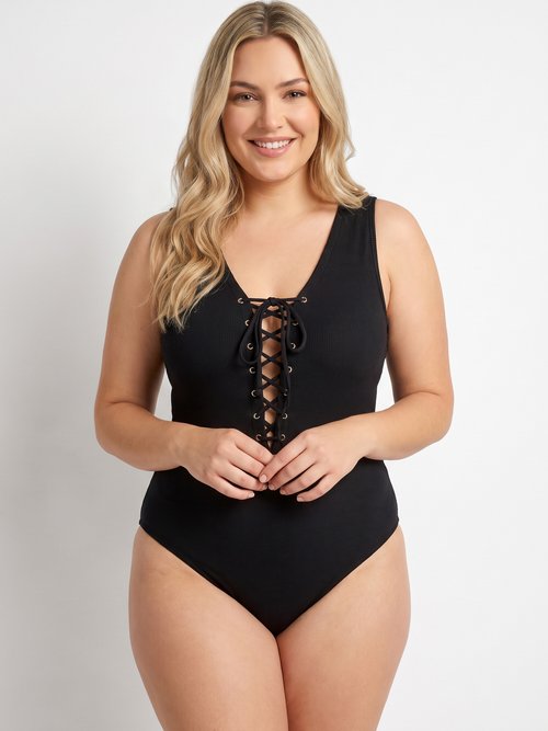 Maillot de bain décolleté lacets Femme Grande Taille Noir CM-HMD-002 MV1