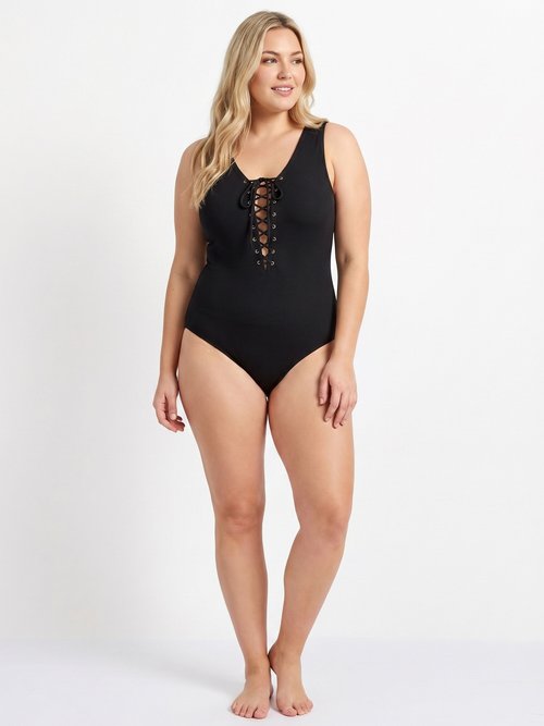 Maillot de bain décolleté lacets Femme Grande Taille Noir CM-HMD-002 SI1