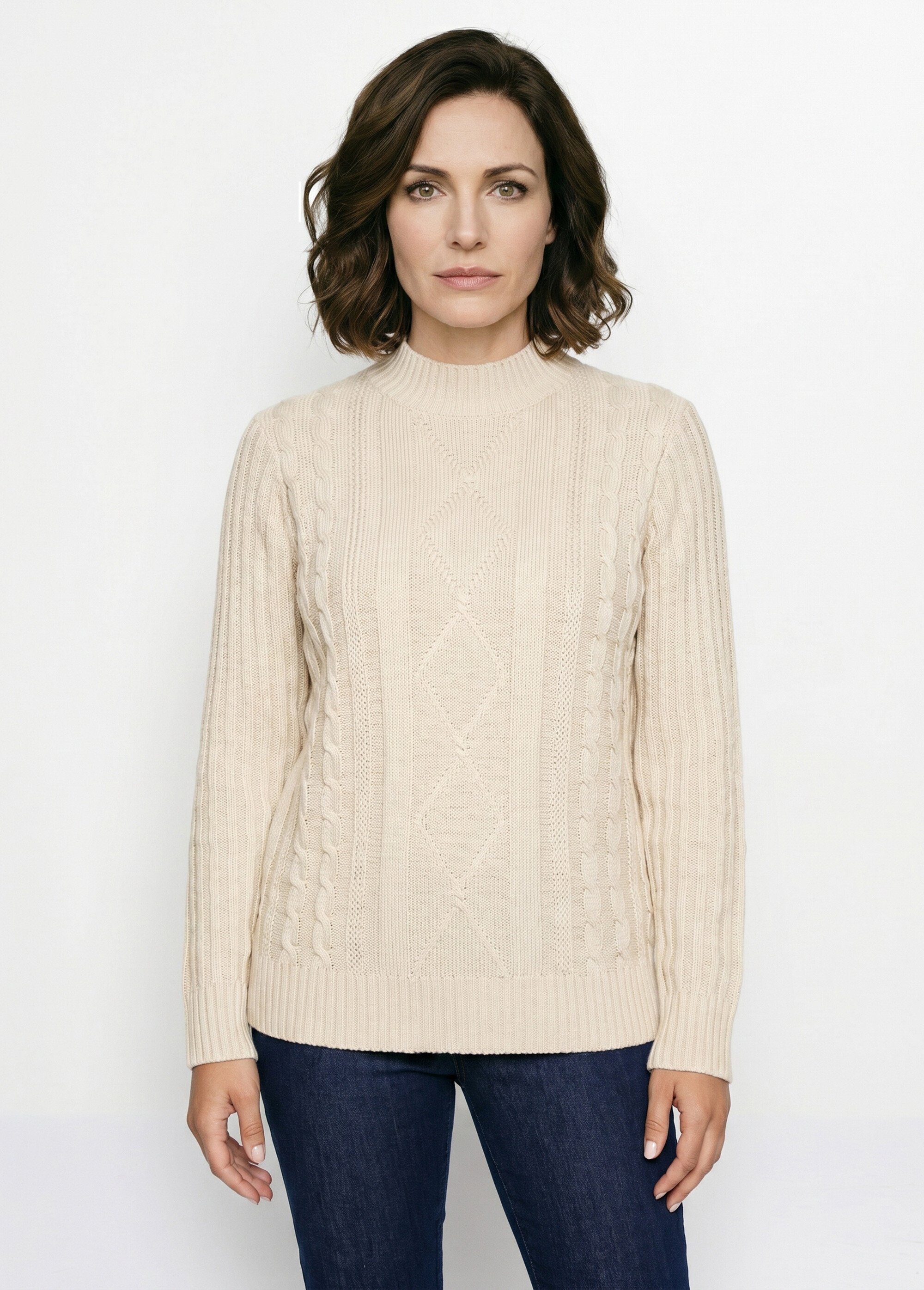 Pull chaud style irlandais col montant Femme Beige PERCY FA1