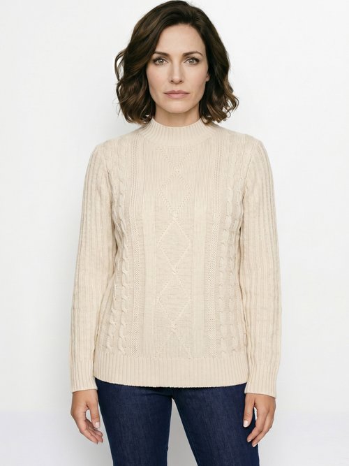 Pull chaud style irlandais col montant Femme Beige PERCY FA1