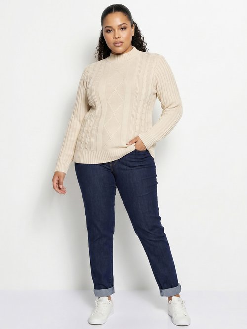 Pull chaud style irlandais col montant Femme Grande Taille Beige PERCY SI1
