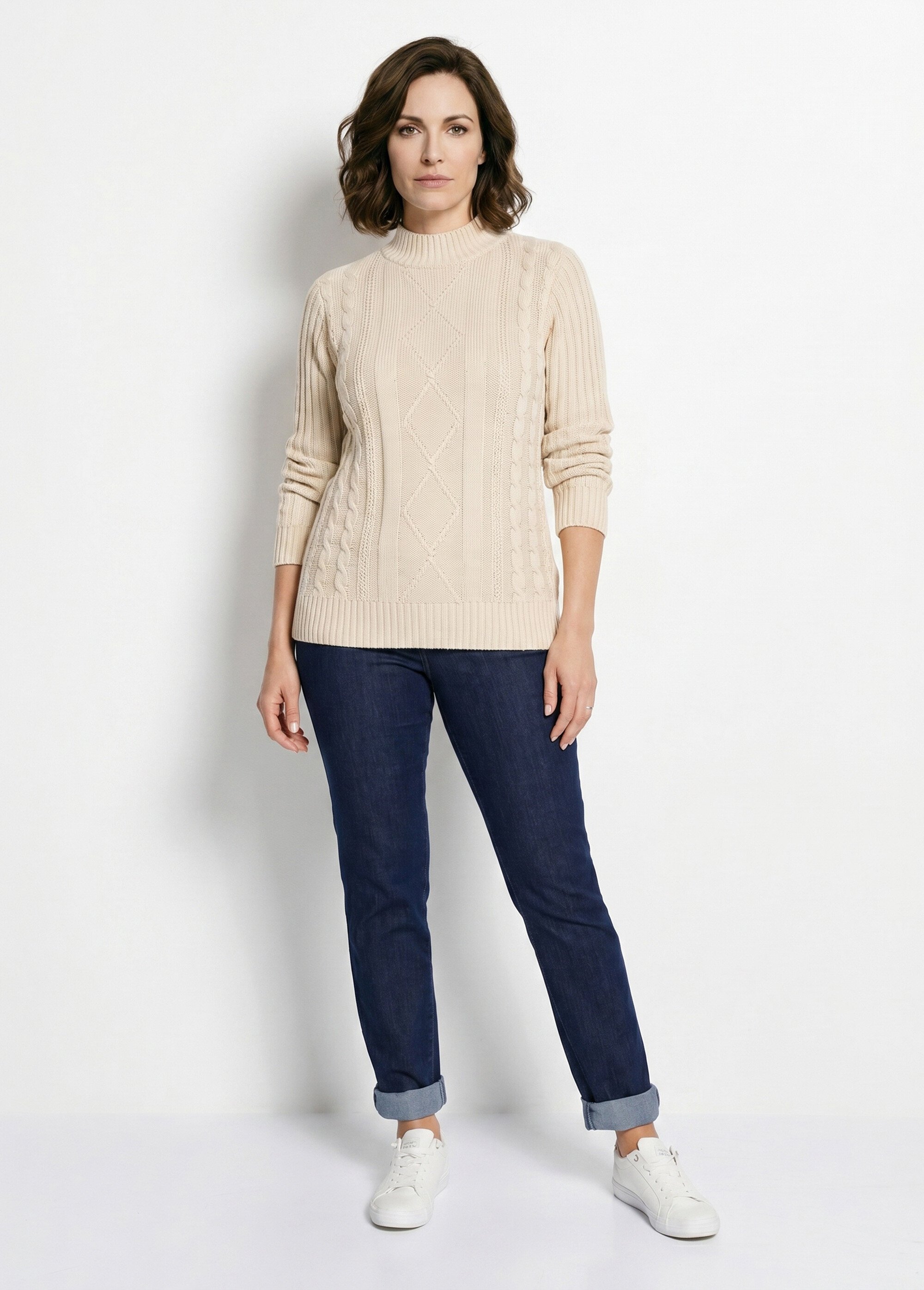 Pull chaud style irlandais col montant Femme Beige PERCY SI1