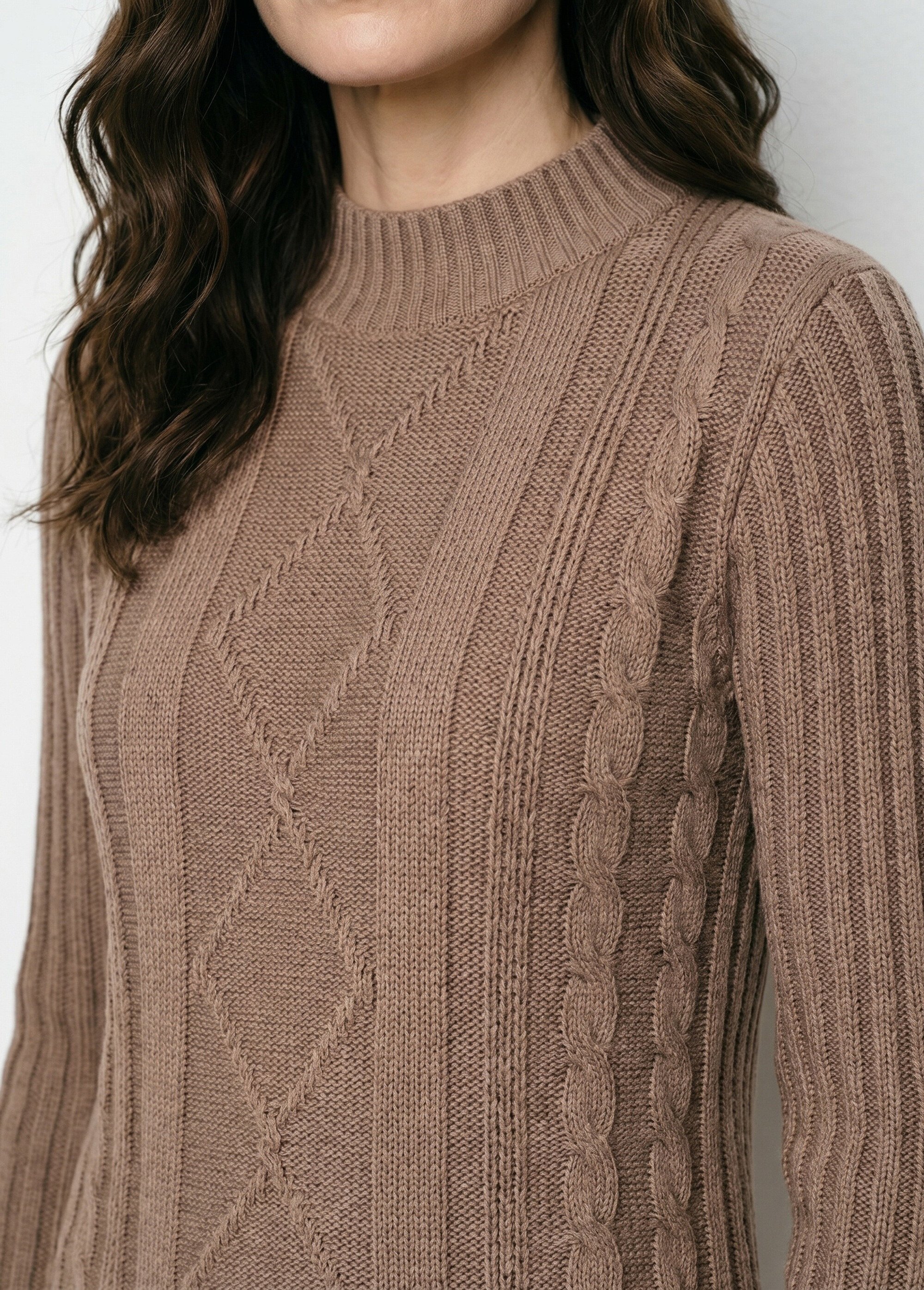 Pull chaud style irlandais col montant Femme Marron PERCY DE2