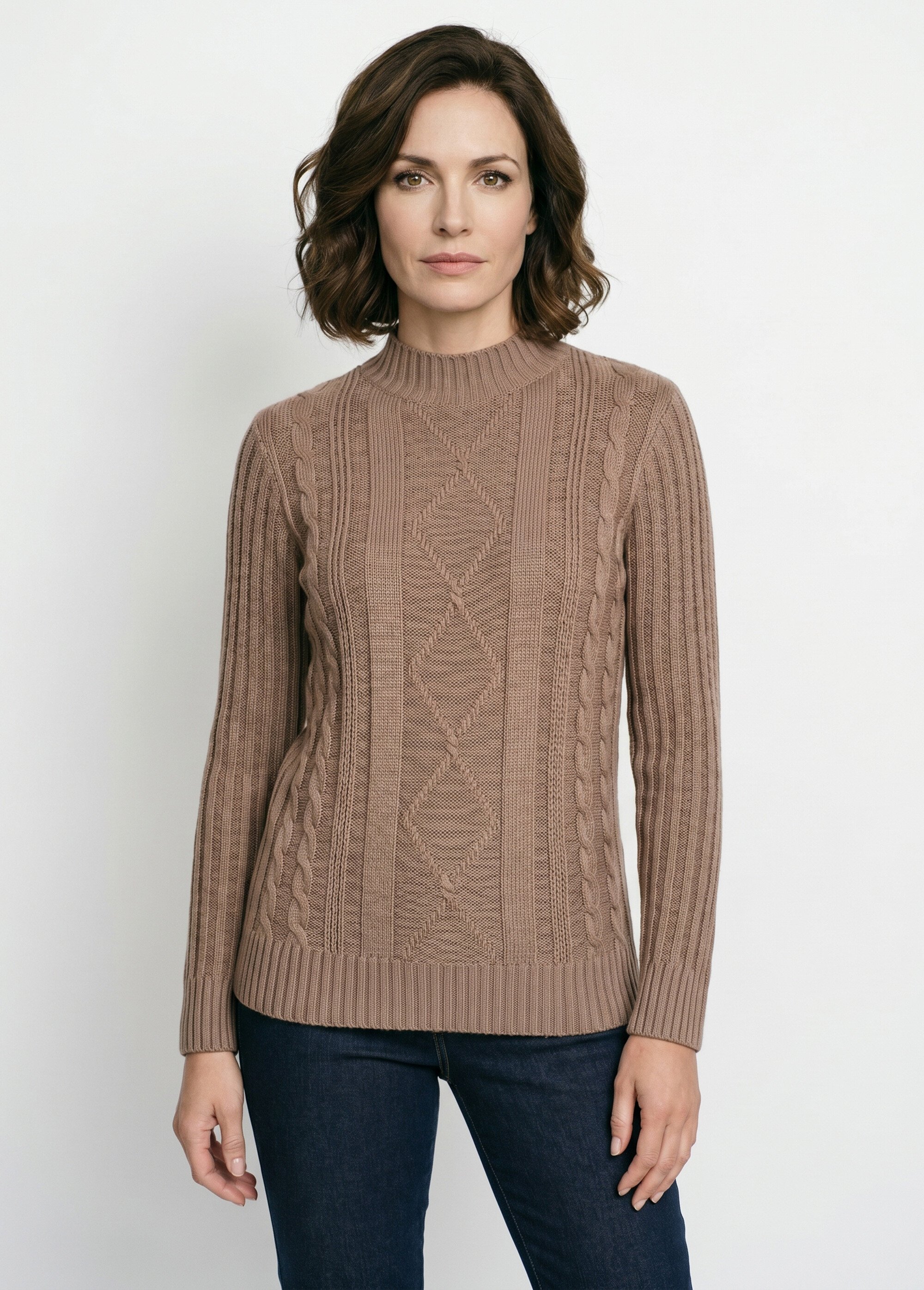 Pull chaud style irlandais col montant Femme Marron PERCY FA1
