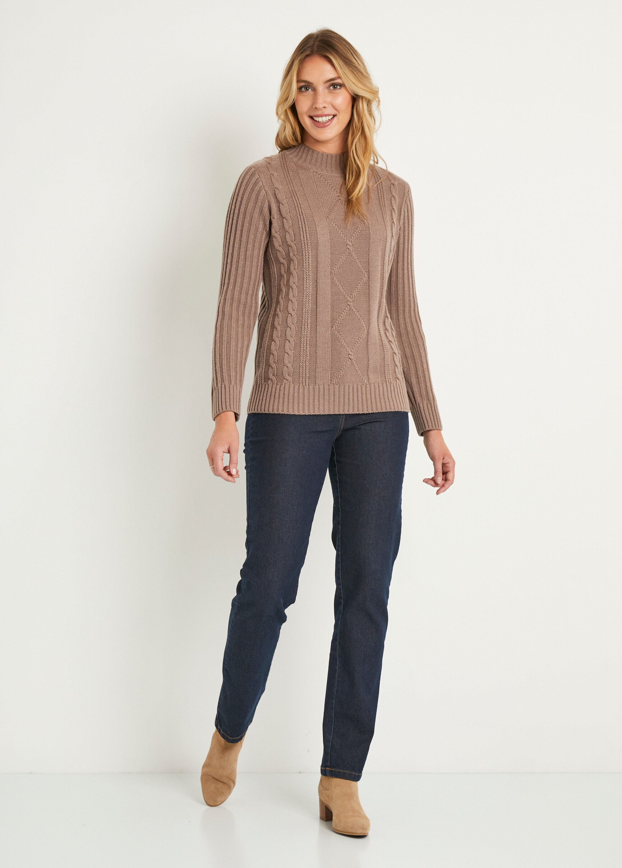 Pull chaud style irlandais col montant Femme Marron PERCY SF1
