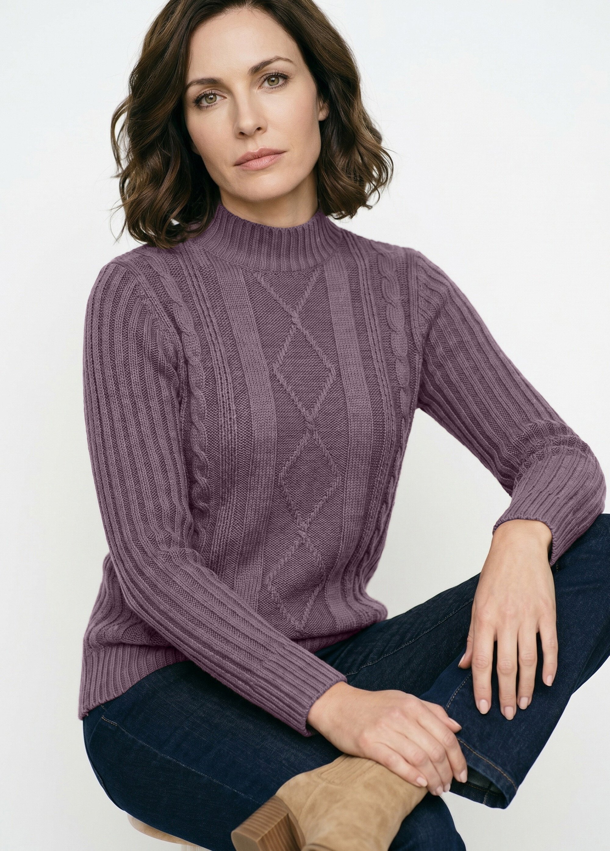 Pull chaud style irlandais col montant Femme Violet PERCY MV1