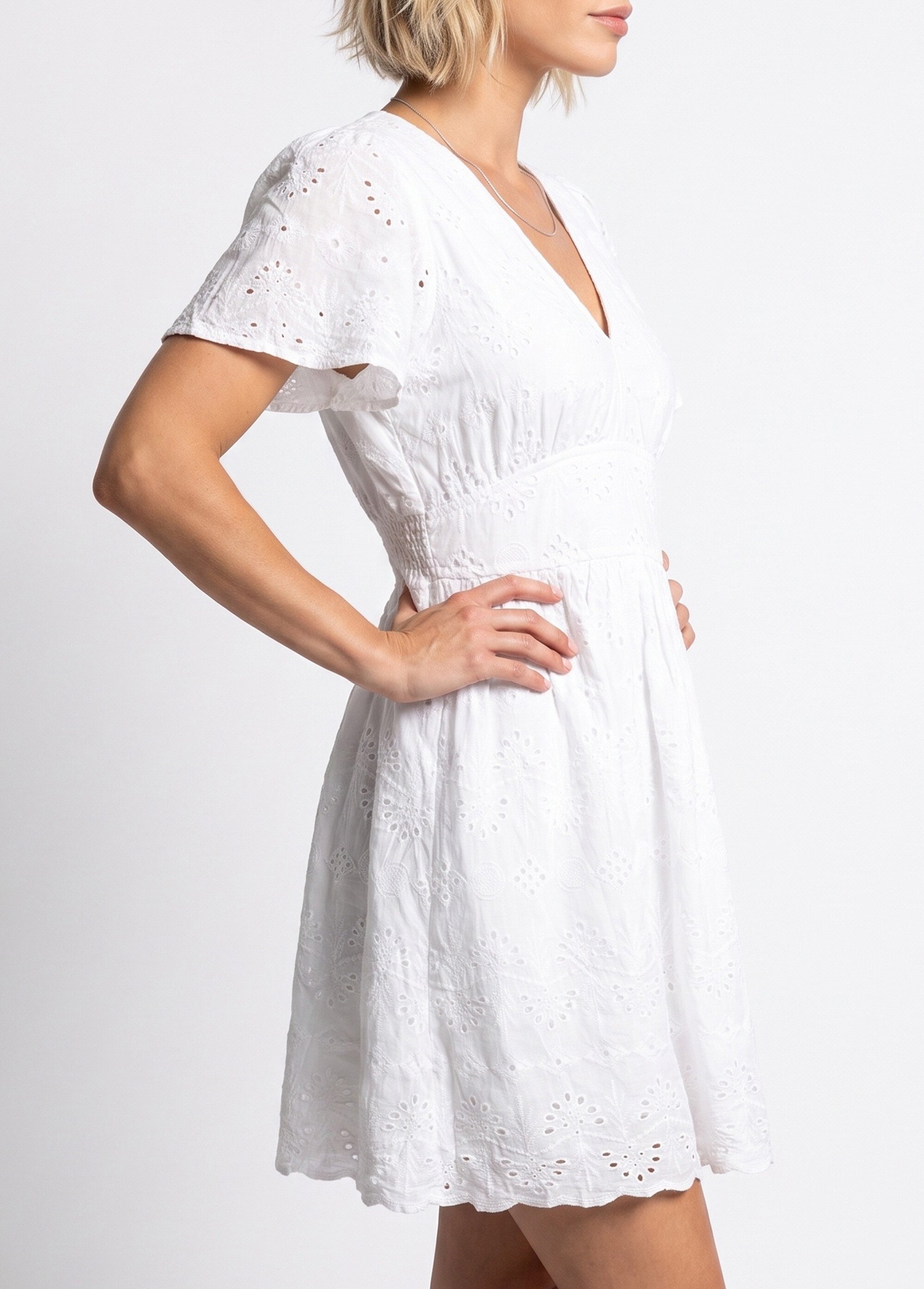 Robe courte col V et broderie anglaise Femme Blanc IA-C918 DE1