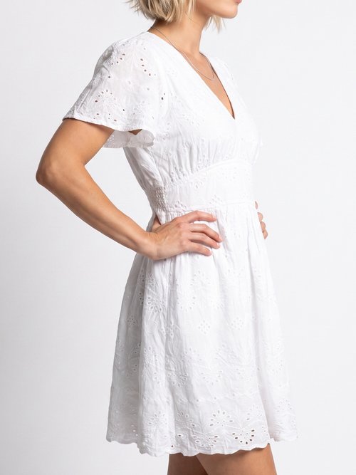 Robe courte col V et broderie anglaise Femme Blanc IA-C918 DE1
