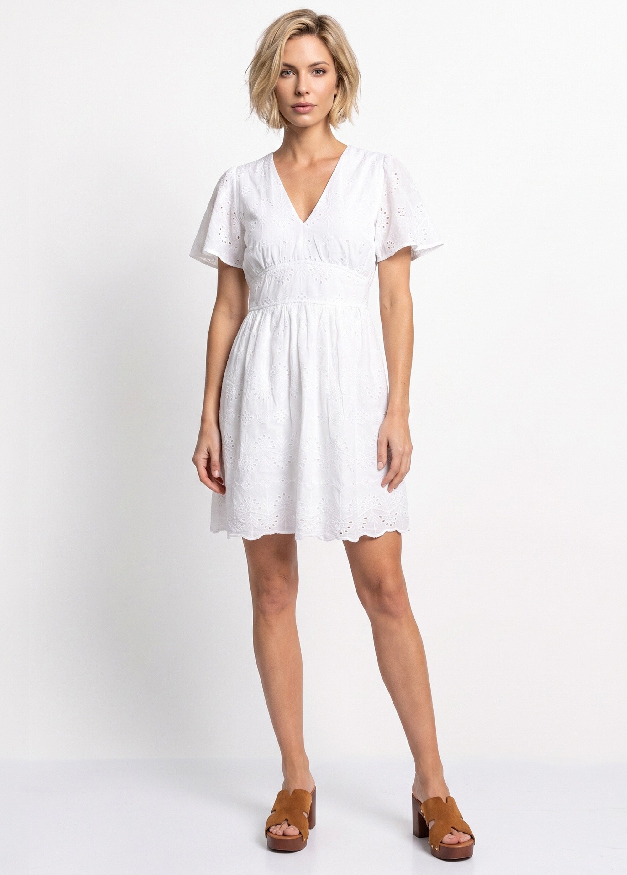 Robe courte col V et broderie anglaise Femme Blanc IA-C918 FA1