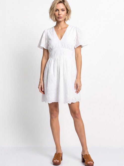 Robe courte col V et broderie anglaise Femme Blanc IA-C918 FA1
