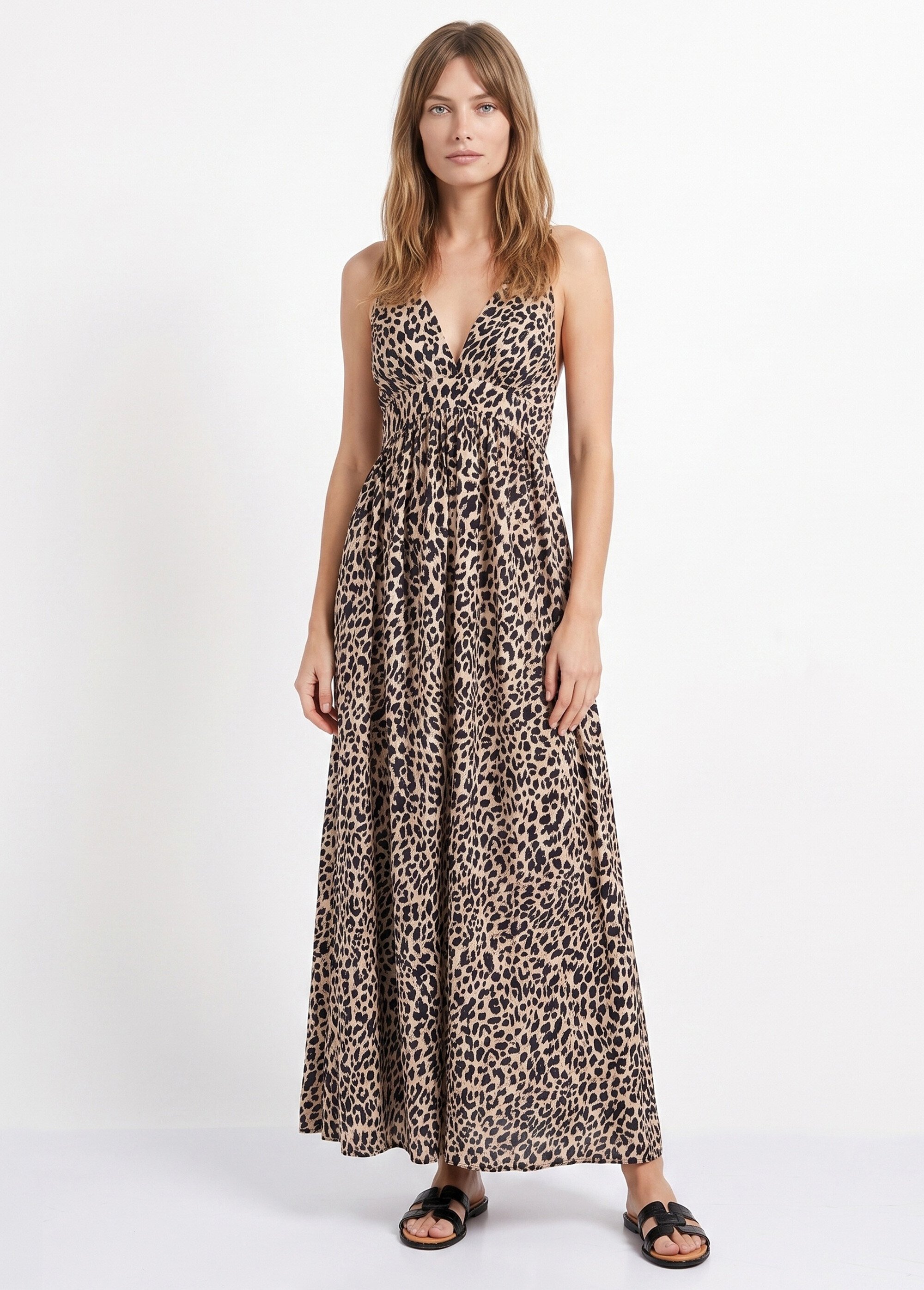 Robe longue sans manches, motif léopard Femme Beige IA-R6130-3 FA1
